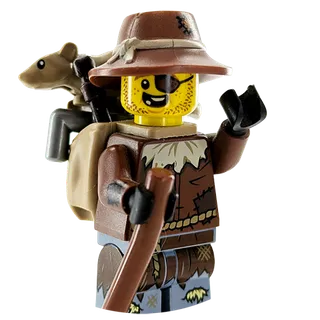 Rusty Dusty, a smiling medieval minifigure carrying a walking staff with his pet rat riding behind his shoulder